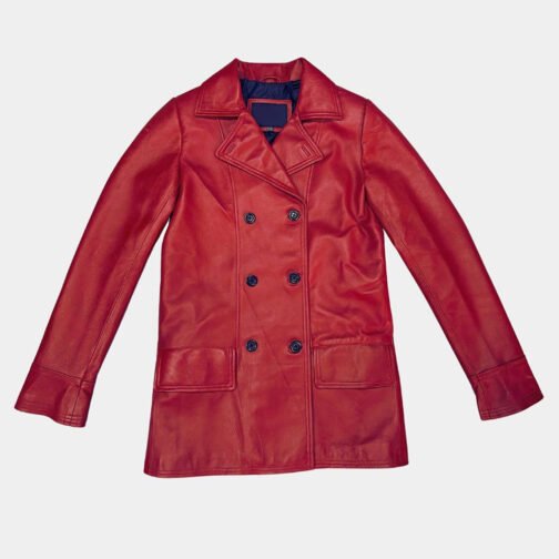 Dakota Johnson Madame Web Maroon Leather Peacoat - Image 3