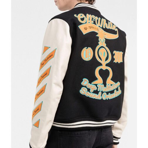 Black and Orange Off White Graphics Varsity Jacket - Image 4
