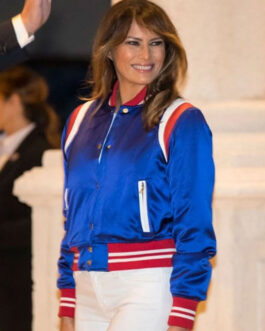 Melania Trump Leather-Trimmed Bomber Blue Jacket