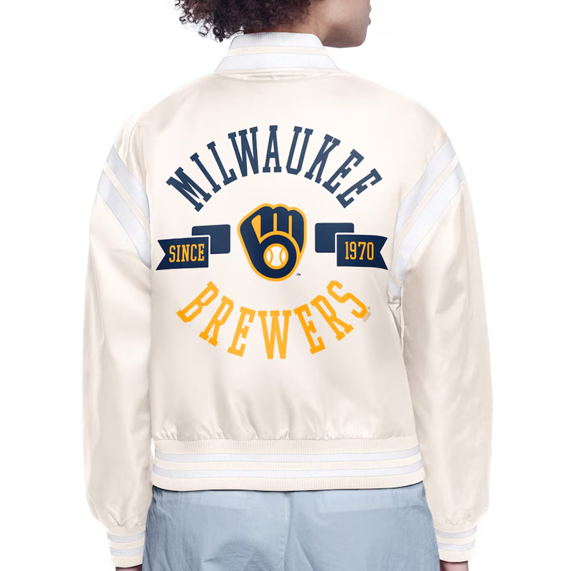 Milwaukee Brewers Printed Logo Varsity Satin Jacket - Image 4