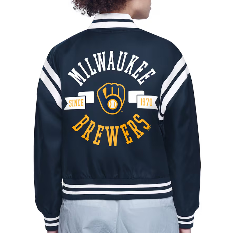 Milwaukee Brewers Printed Logo Varsity Satin Jacket - Image 3