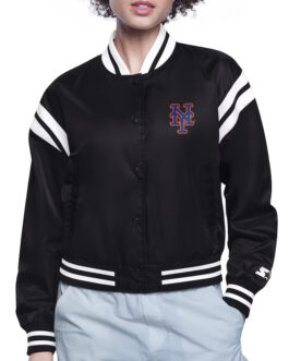 NY Mets Printed Logo Black Varsity Satin Jacket