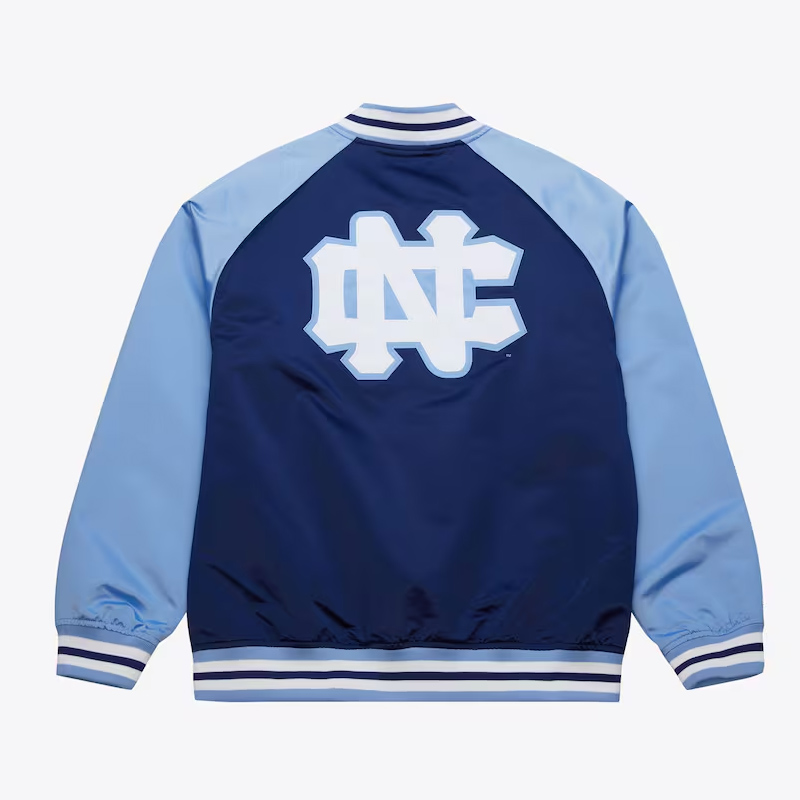 North Carolina Tar Heels Vintage Logo Double Clutch Blue Satin Jacket - Image 2