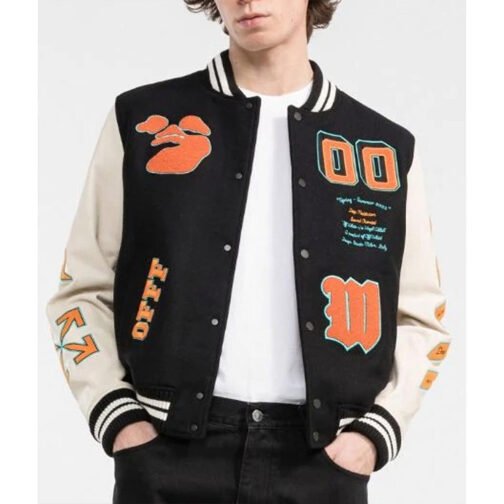 Black and Orange Off White Graphics Varsity Jacket - Image 3