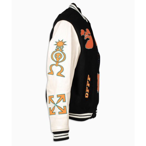 Black and Orange Off White Graphics Varsity Jacket - Image 5