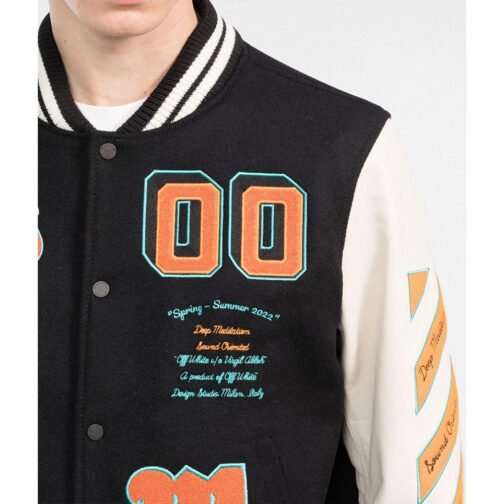 Black and Orange Off White Graphics Varsity Jacket - Image 9