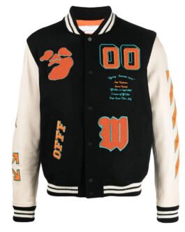 Black and Orange Off White Graphics Varsity Jacket