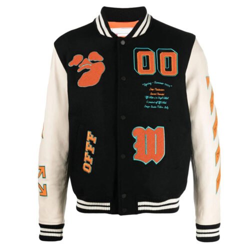Black and Orange Off White Graphics Varsity Jacket