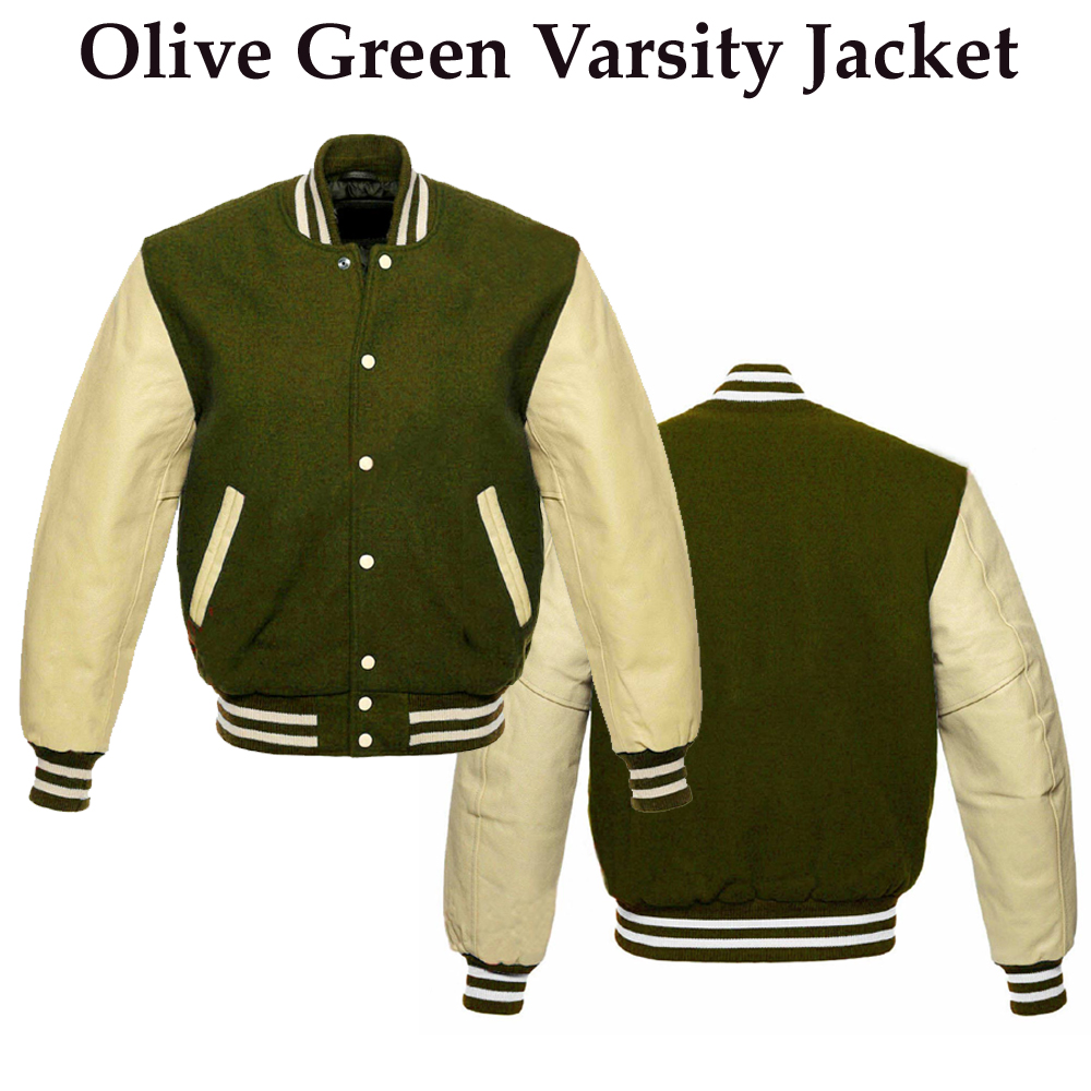 Olive Green Varsity Jacket Cream Sleeves - Image 3