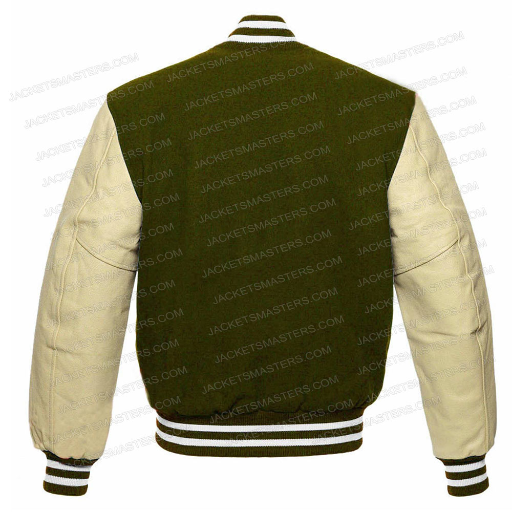 Olive Green Varsity Jacket Cream Sleeves - Image 2