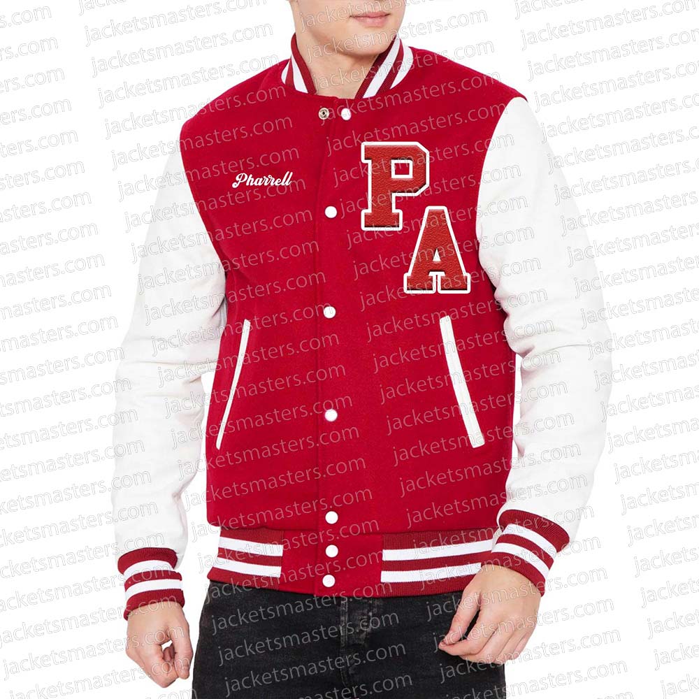 Pharrell Williams Red and White Letterman Jacket