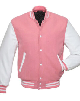 Pink Varsity Jacket with White Leather Sleeves