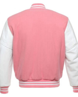 Pink Varsity Jacket with White Leather Sleeves