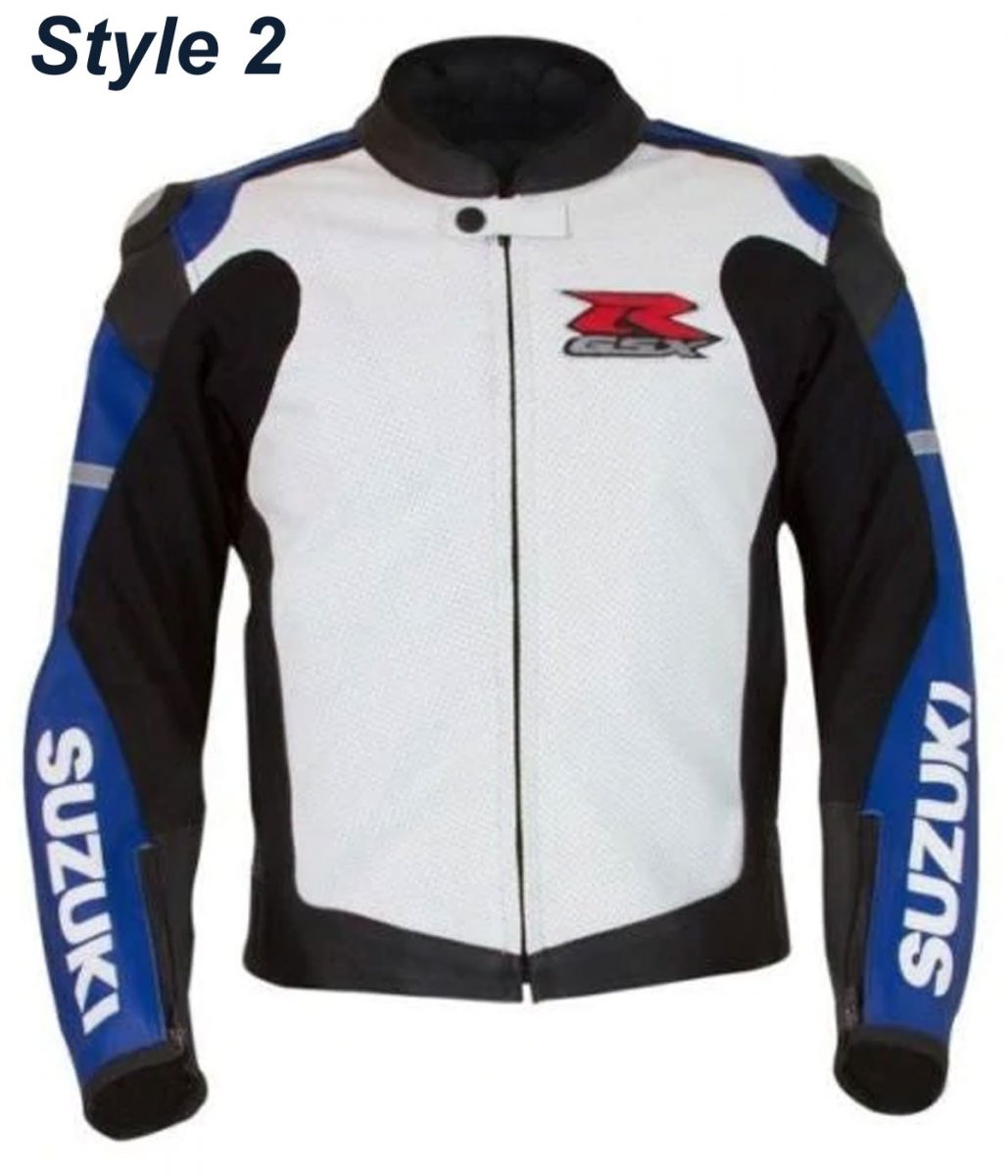 Suzuki GSXR Motorcycle Blue and Black Leather Jacket - Image 2