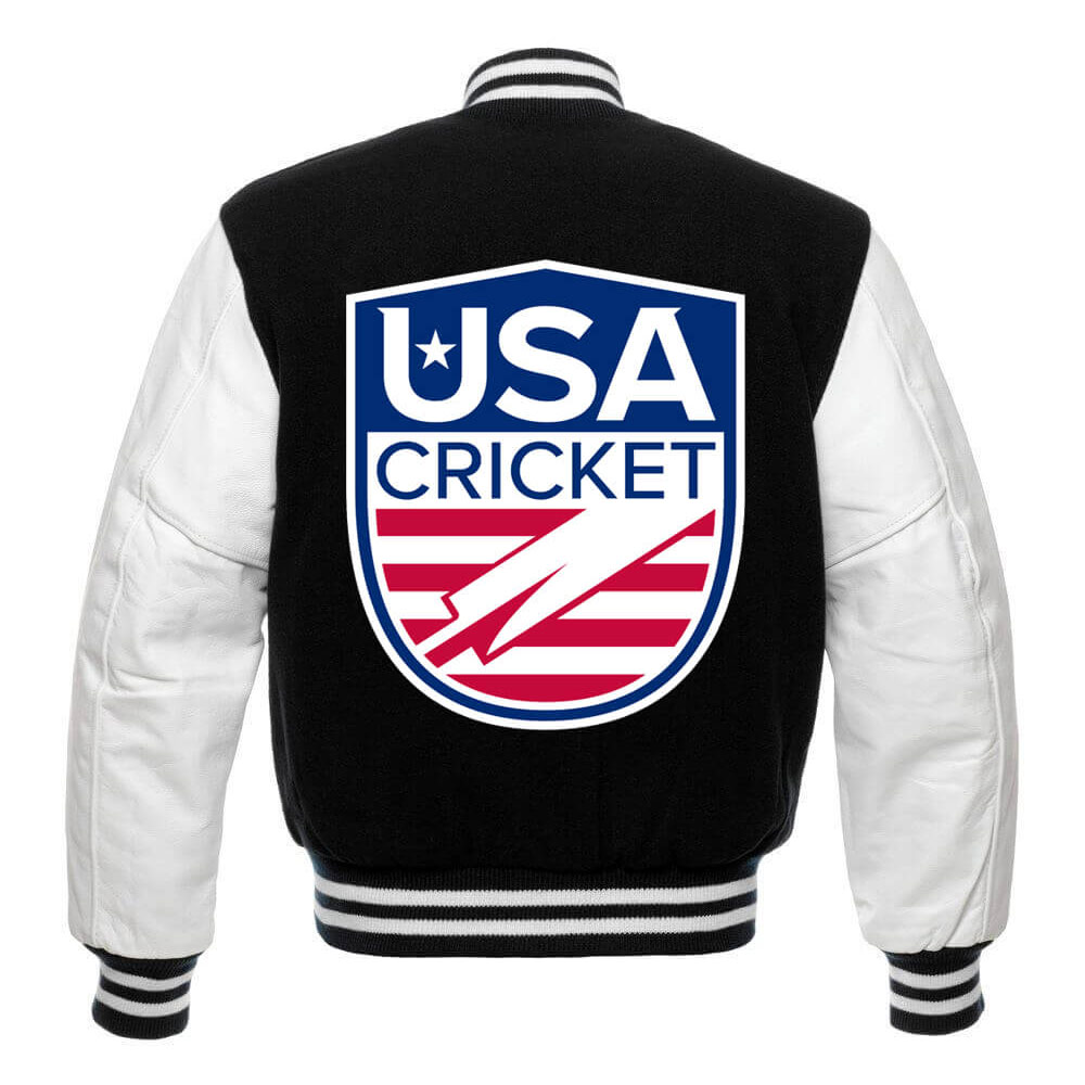 USA Cricket Team Varsity Black and White Jacket - Image 2