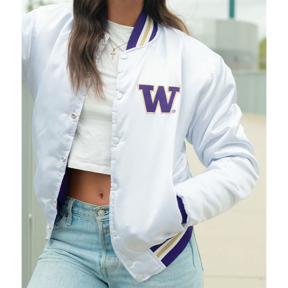 Washington Huskies White Button Up Satin Jacket - Image 6