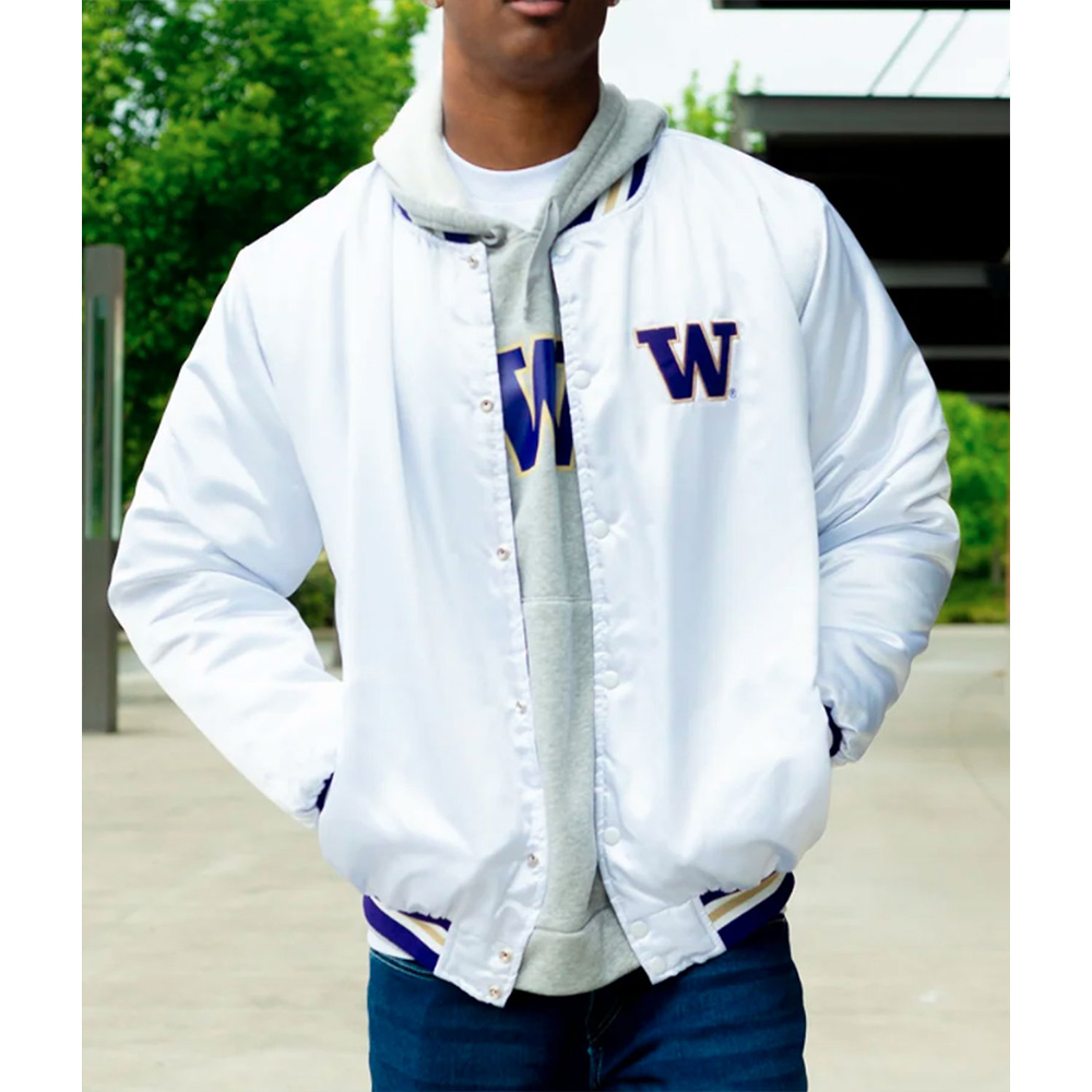 Washington Huskies White Button Up Satin Jacket - Image 3