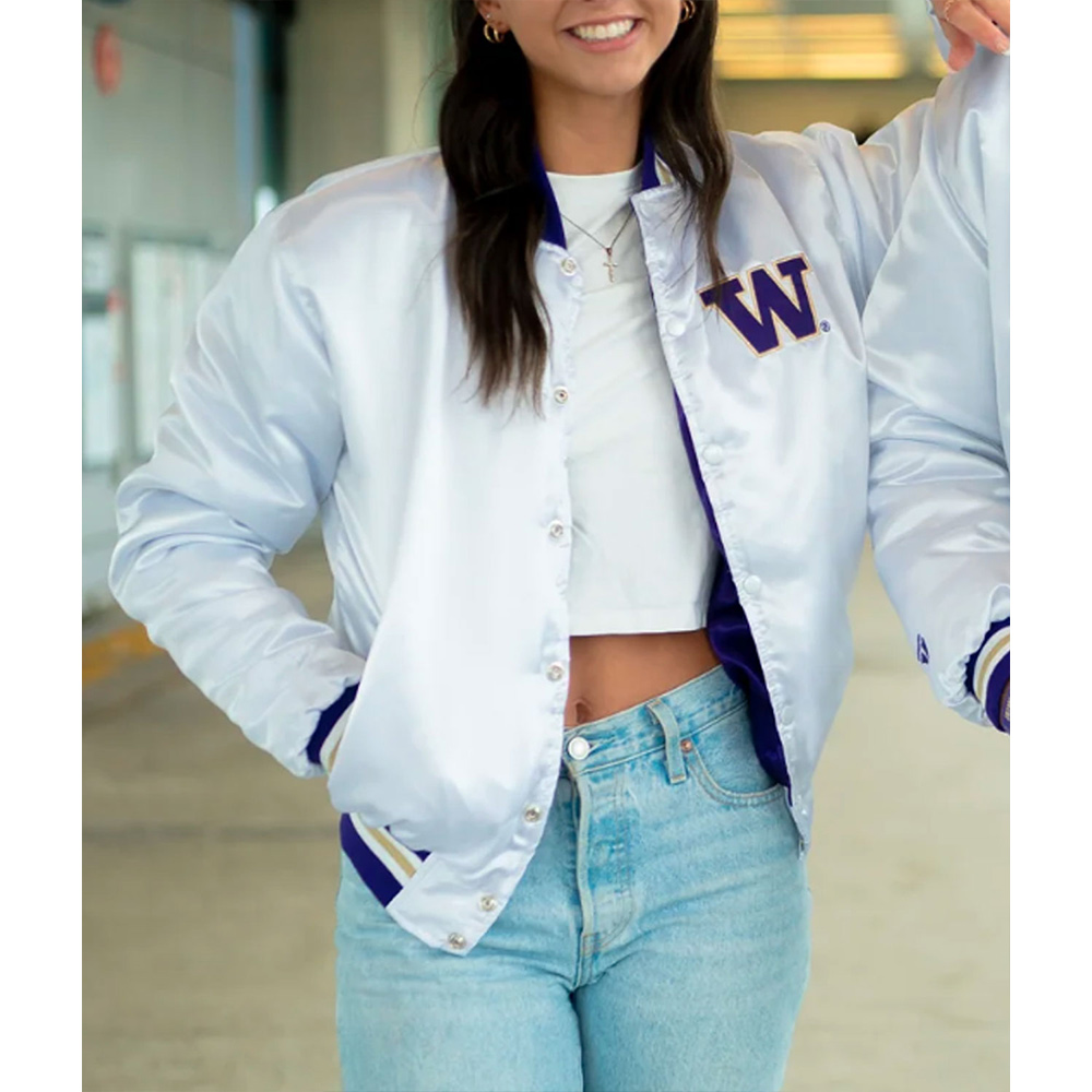 Washington Huskies White Button Up Satin Jacket - Image 7