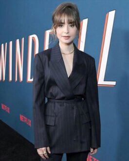 Lily Collins Windfall Film Premiere Blue Lining Blazer
