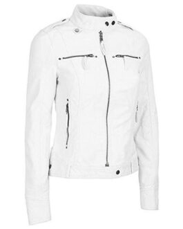 White Zipper Pockets Leather Jacket