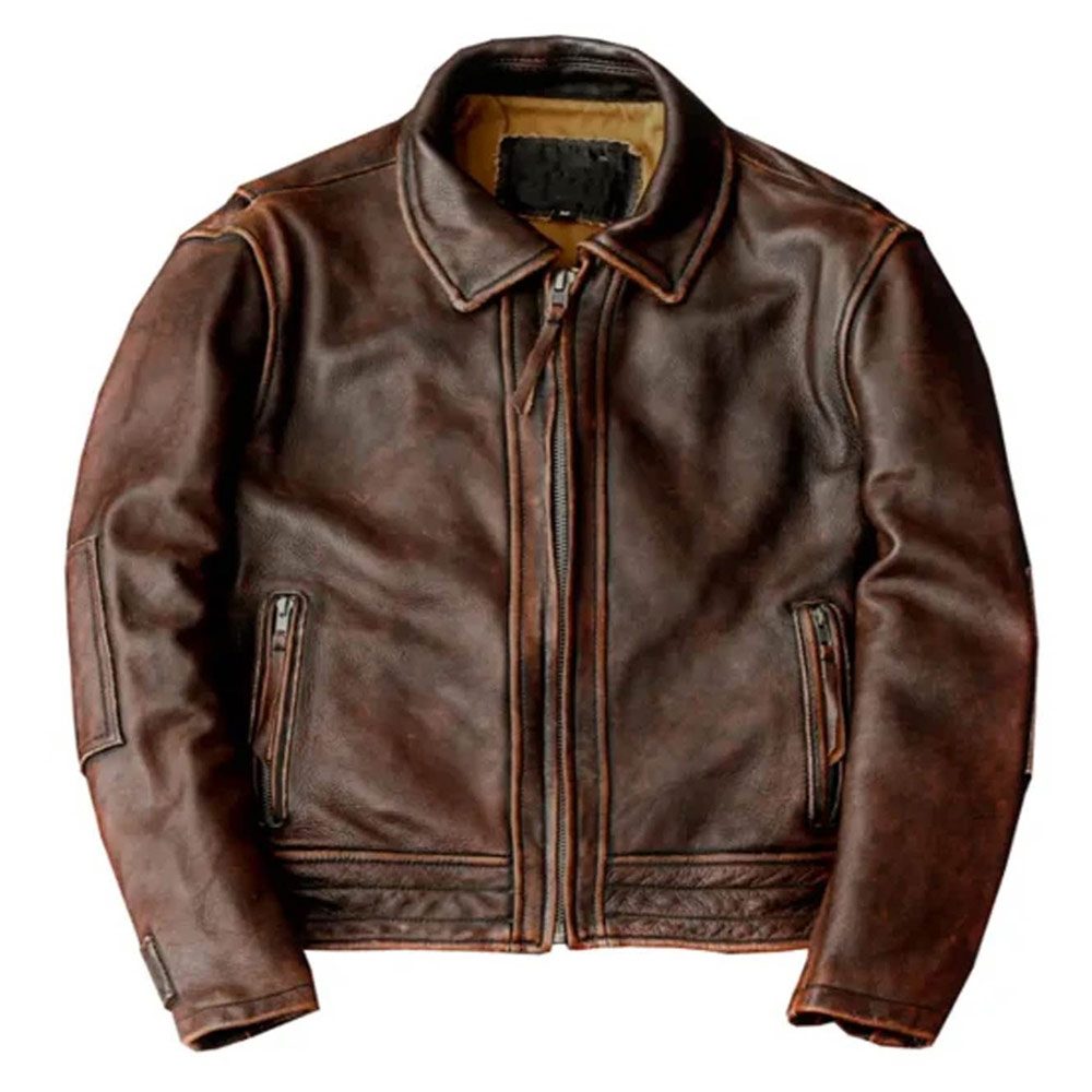 Adventure Bound brown biker leather jacket front view