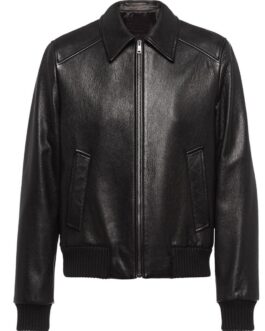 Men’s Elasticated Black Bomber Leather Jacket