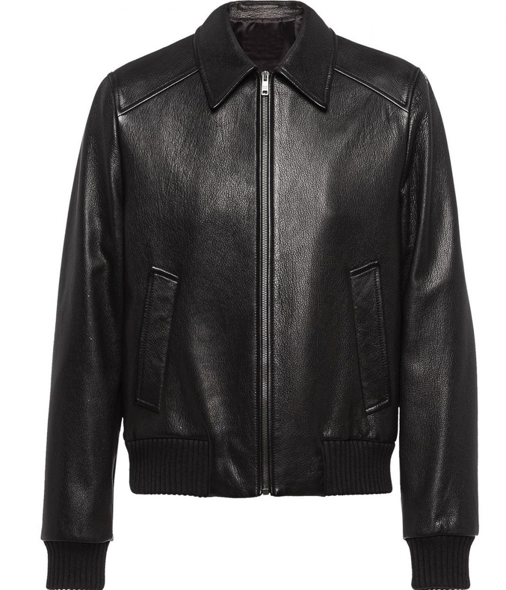 Men’s Elasticated Black Bomber Leather Jacket