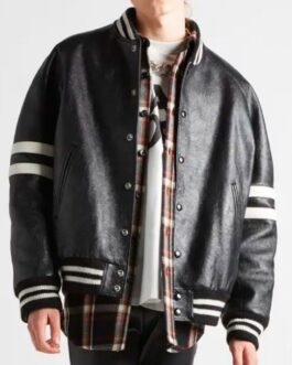 Men’s Homme Striped Black Leather Bomber Jacket