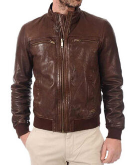 John Hunter Brown Leather Bomber Jacket