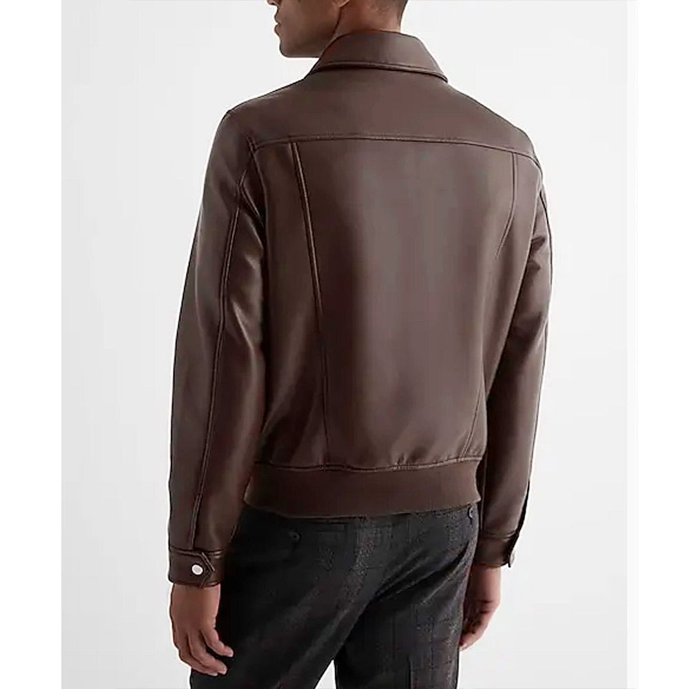 Men’s Brown Shirt Collar Faux Leather Jacket - Image 3