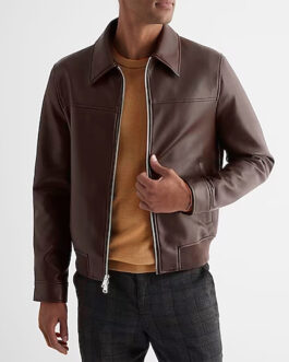 Men’s Brown Shirt Collar Faux Leather Jacket