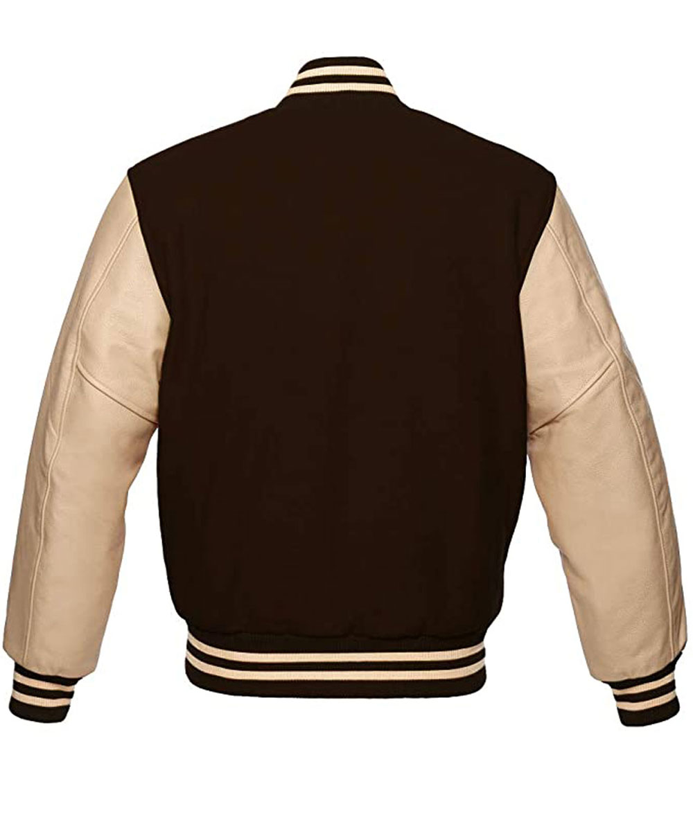 Men’s Varsity Brown Jacket with Cream Leather Sleeves - Image 2