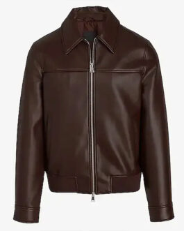 Men’s Brown Shirt Collar Faux Leather Jacket