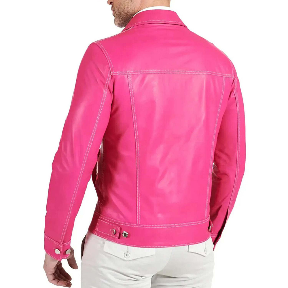 Men’s Shirt Style Hot Pink Leather Jacket - Image 2