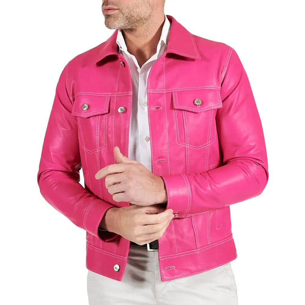 Men’s Shirt Style Hot Pink Leather Jacket - Image 3