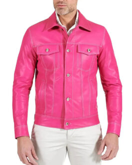 Men’s Shirt Style Hot Pink Leather Jacket