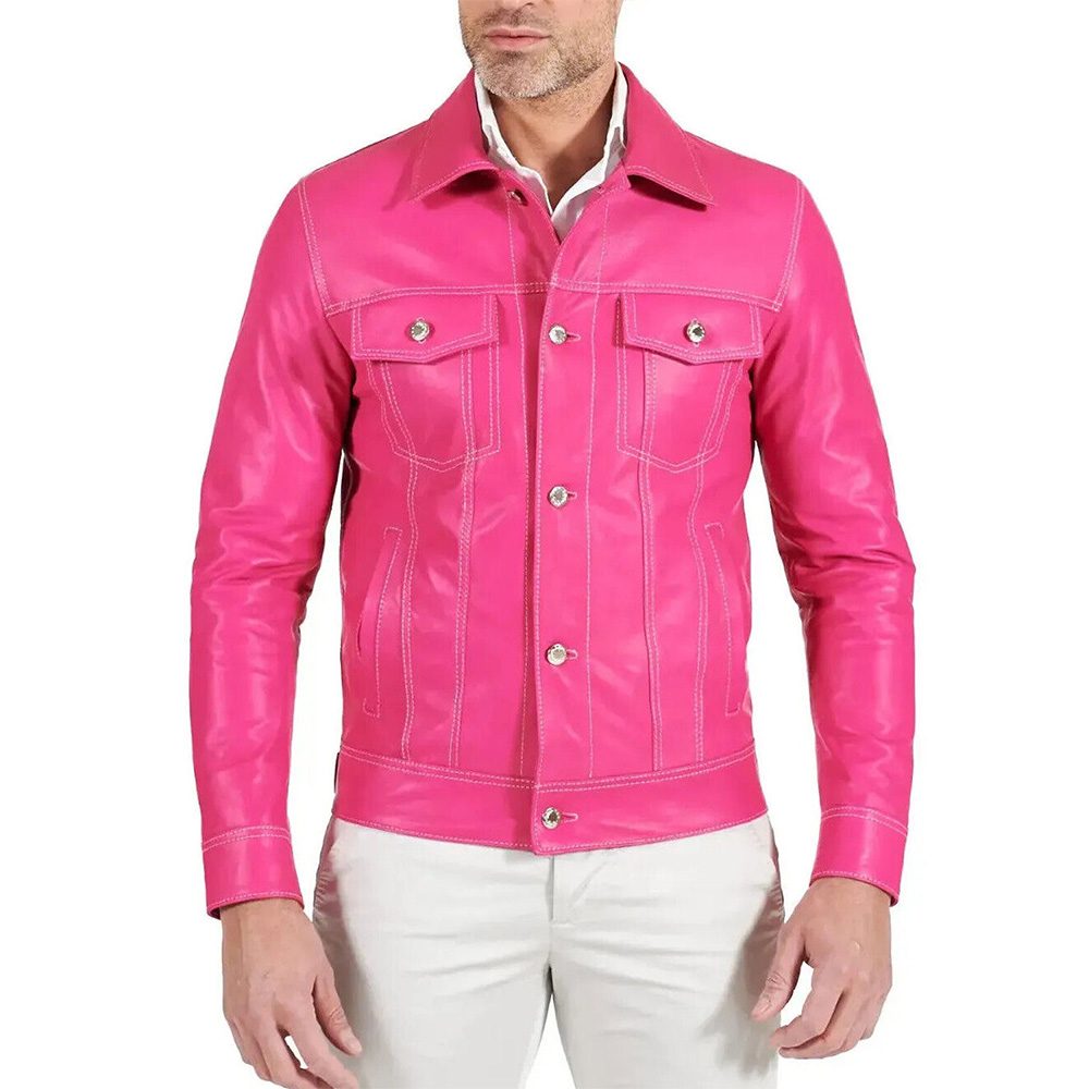 Men’s Shirt Style Hot Pink Leather Jacket