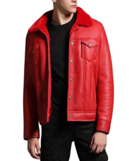 Men’s Trucker Red Shearling Leather Jacket