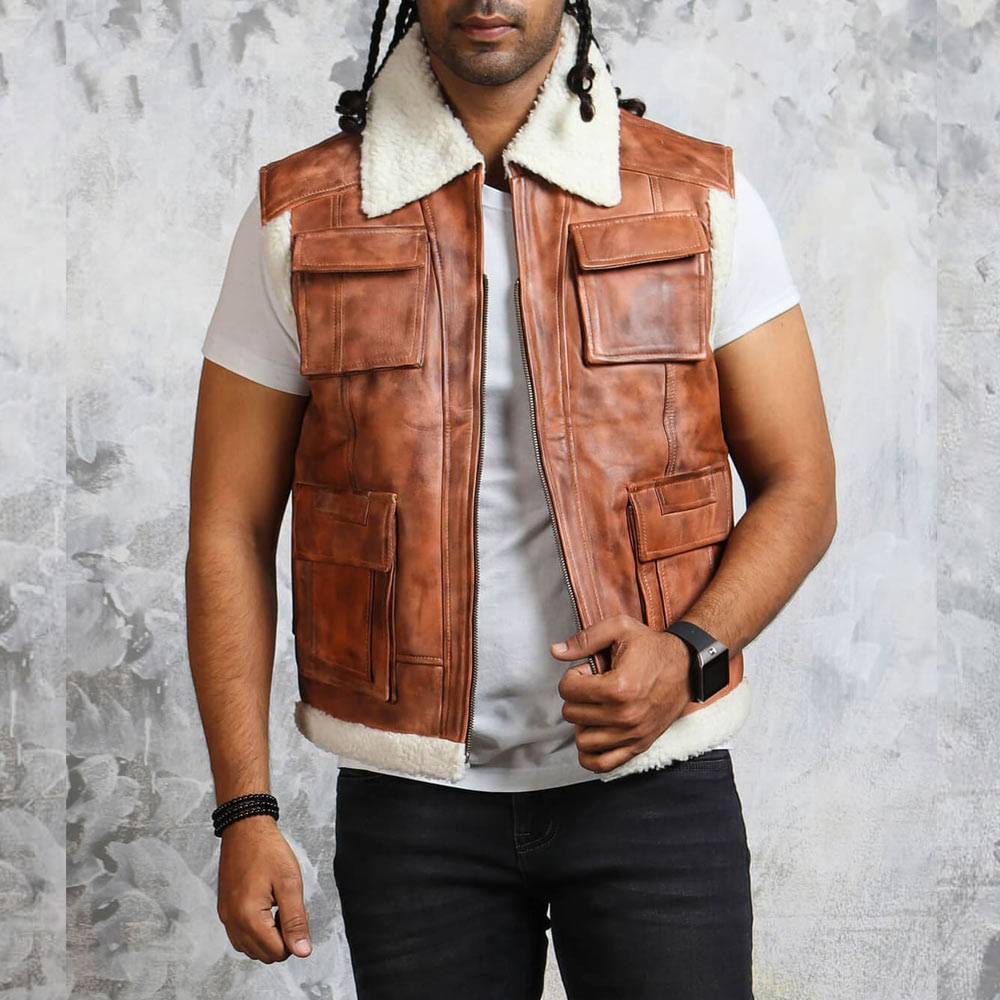 Men’s Winter Leather Vest with Fur Lining - Image 2