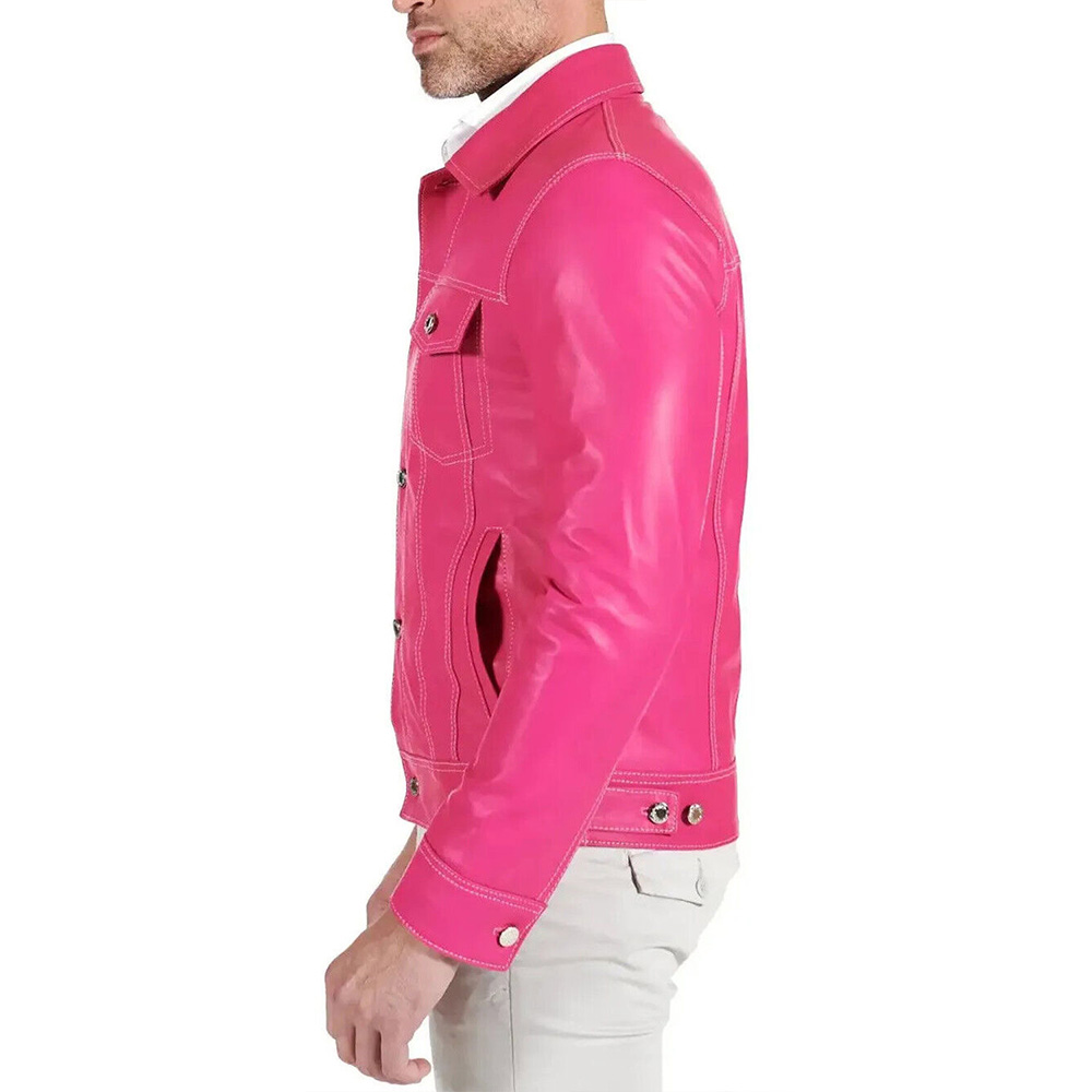 Men’s Shirt Style Hot Pink Leather Jacket - Image 4