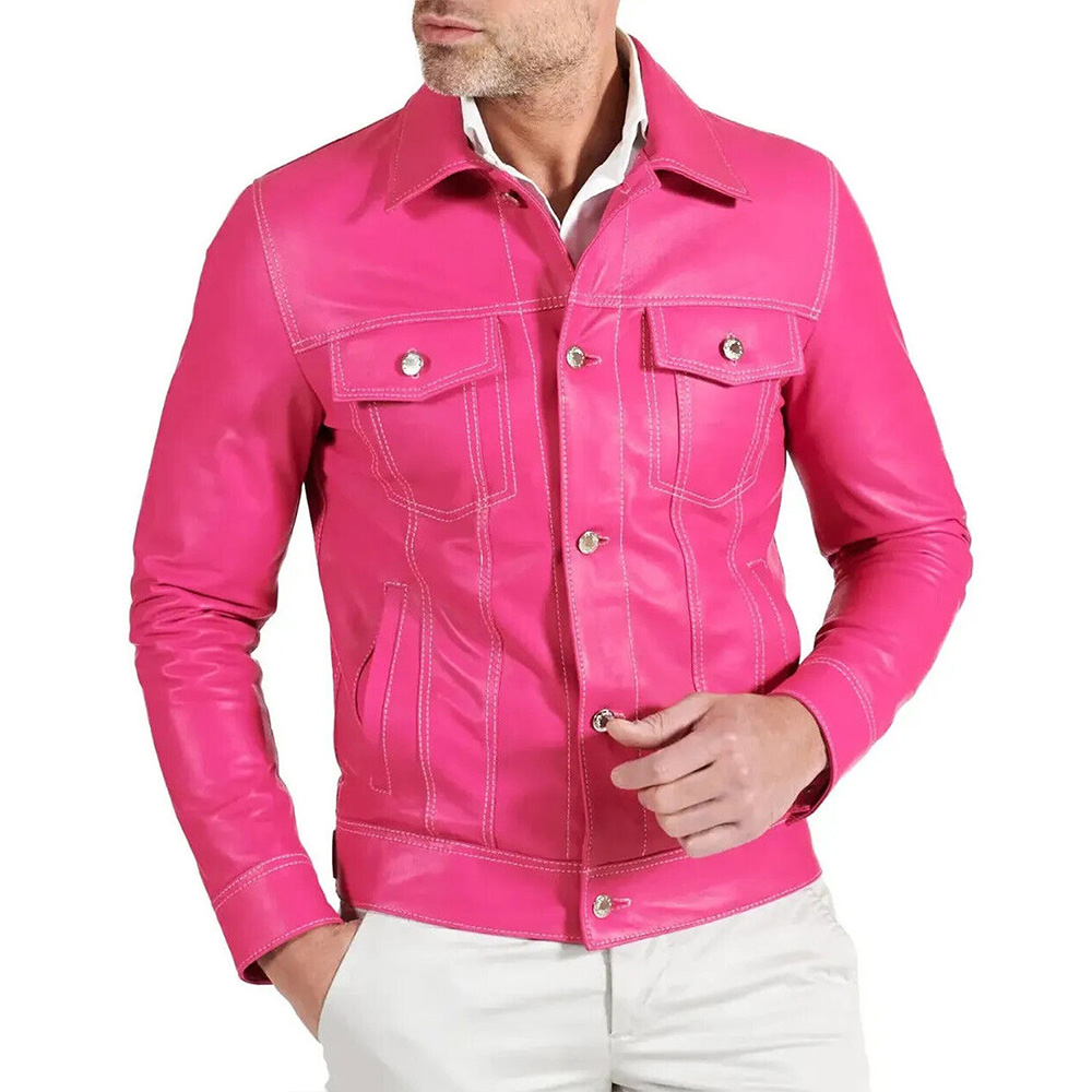 Men’s Shirt Style Hot Pink Leather Jacket - Image 5